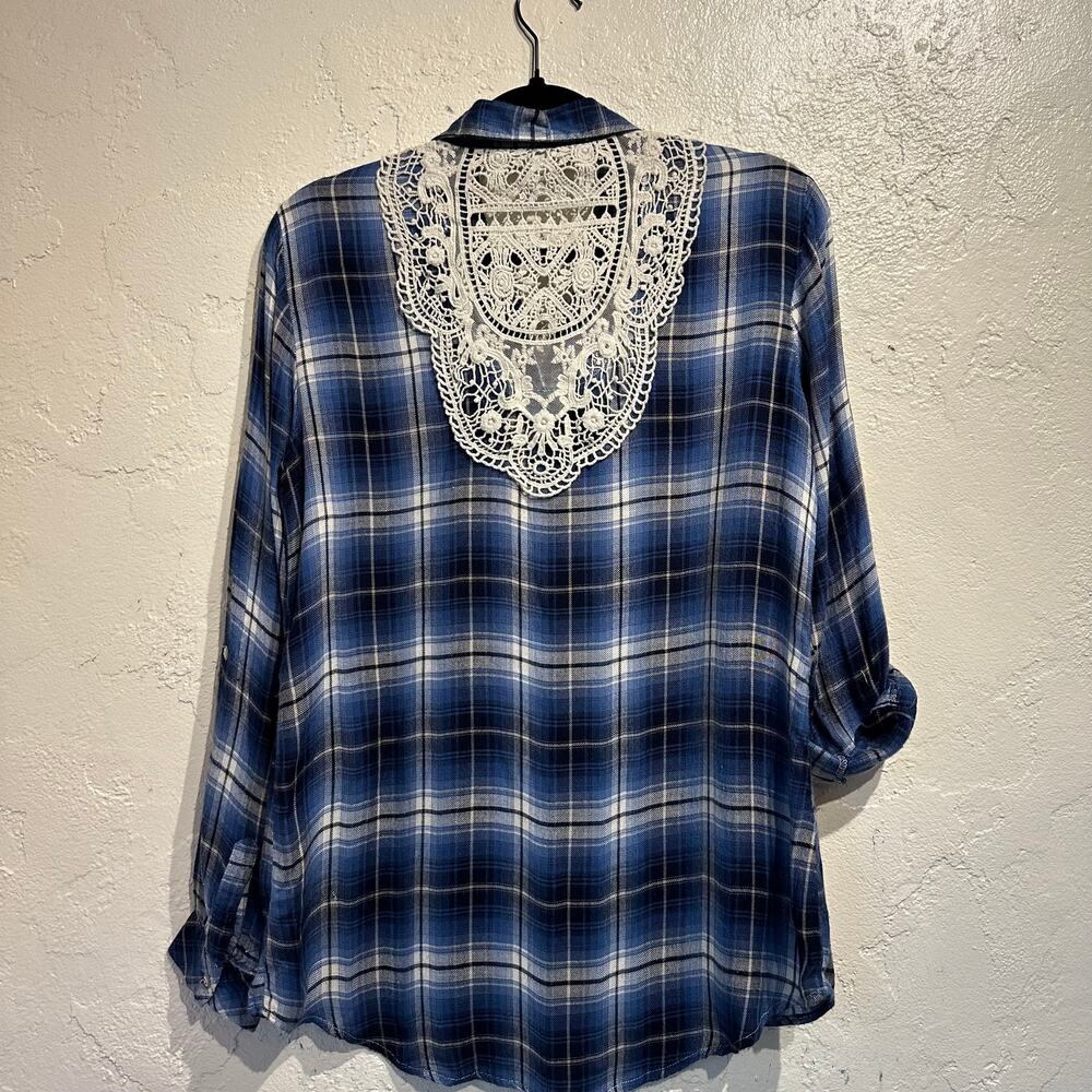 Krazy Kat Size Small plaid Button Down crochet Back Cottage Long & 3/4 sleeve - Picture 2 of 9
